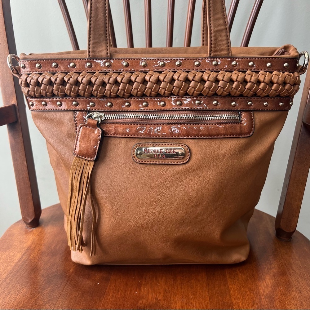 Nicole Lee USA brown studded braided bag faux leather 14 x 11 x 5.5 inches - Picture 2 of 16